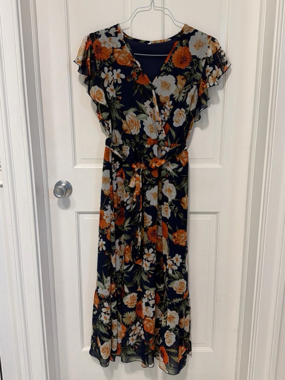 Source Unknown Black Floral Midi Dress with Orange & Cream Blooms